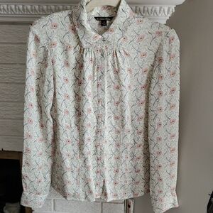 Brooks Brothers 100% Silk Floral Button-Up Off White Women's Blouse Size 8